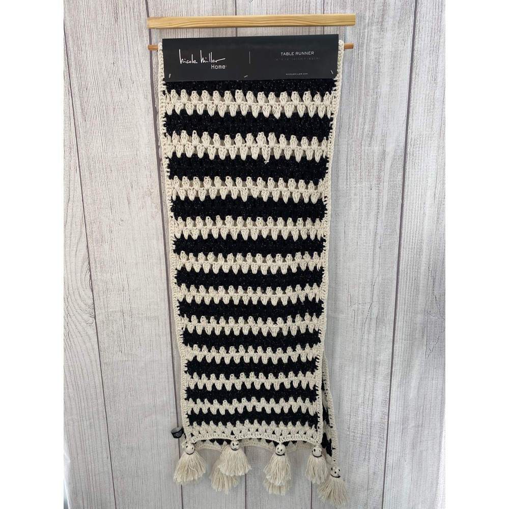 Nicole Miller Home Table Runner 16x72 Black Cream Ghost Tassel Crochet Halloween